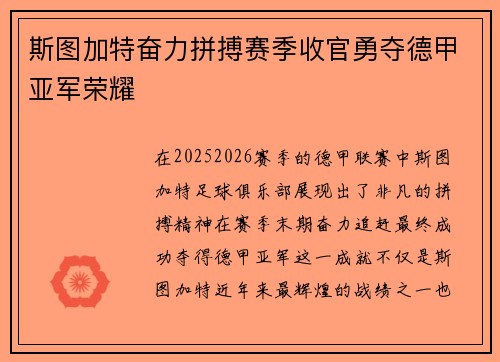 斯图加特奋力拼搏赛季收官勇夺德甲亚军荣耀